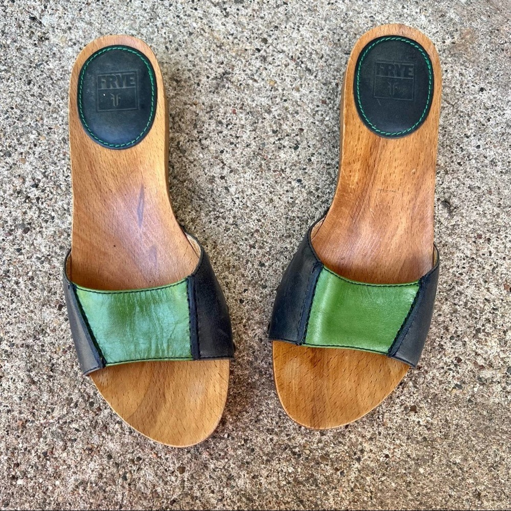 FRYE Ellie Slide Retro Leather And Wooden Sandals